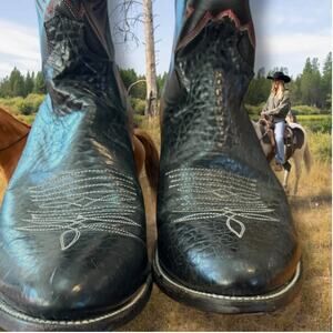 Men's Sz 10.5 D JUSTIN DIAMOND J Black Leather Western Boots With Red Inlay, EUC